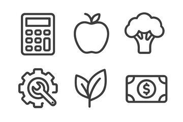 Essential outline symbols for business, finance, health, nature, and technology