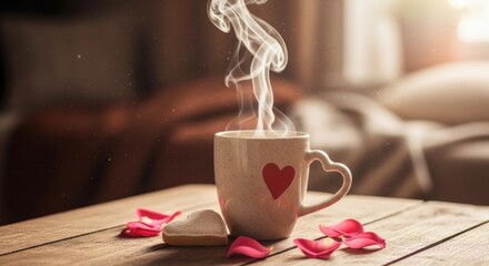 Steaming coffee mug with heart, rose petals, and cookie on a wooden table