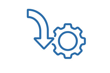 Blue downward arrow interacting with a cogwheel symbolizing configuration and workflow management