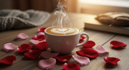 Steaming coffee with heart latte art surrounded by rose petals on a wooden table