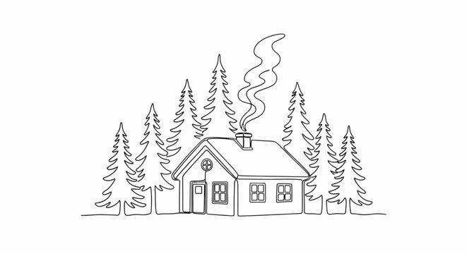 Continuous single line drawing of a cozy cabin in the pine forest. Minimalist house illustration with smoke from the chimney, simple winter landscape art