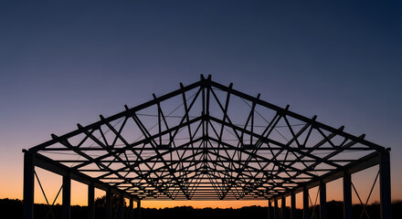 Architectural skeleton of a building under the dusk sky, a harmonious symphony of engineering and twilight, Steel framework creating geometric patterns against the fading light