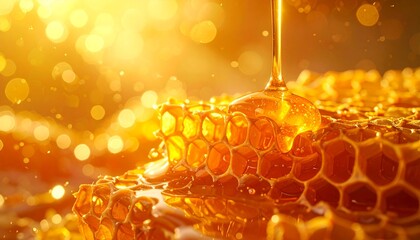Golden honeycomb background with dripping honey. Sweet and healthy natural dessert. Honey production, apiculture. Propolis, bee wax, realistic honeycomb texture. tasty