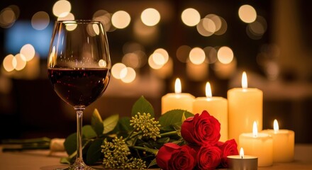 Romantic evening with red wine, roses, and candles creating a warm ambiance