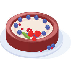 Round Berry Tart with Cream Filling Topped with Blueberries and Strawberries on a White Plate