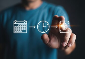 Digital timeline graphic showing calendar clock and document icons with a finger interacting