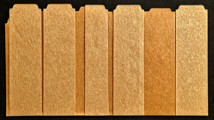 Seven light brown, fibrous folder inserts or dividers, arranged vertically with tabs, showcasing their natural texture on a dark background.