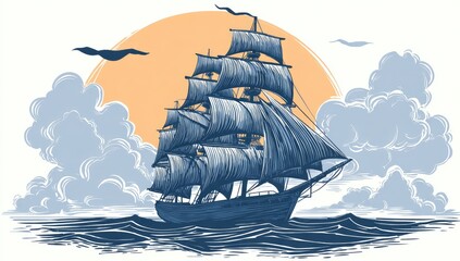 Tall ship sails upon stylized waves against a sunset