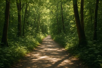 Fototapeta premium Sunlit forest path with trees on both sides creating serene tunnel-like view in lush greenery, forming peaceful background for mind wellness concepts. Ai generative
