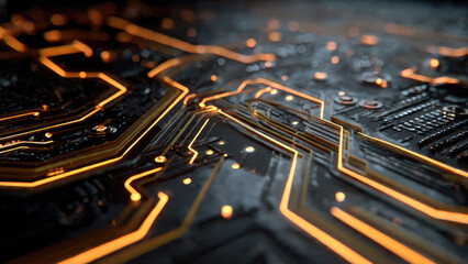 Abstract close-up of a circuit board with luminous orange pathways, representing advanced technology, digital connectivity, and data flow in a futuristic design.