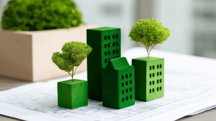 Colorful miniature buildings with green hues emerge from a blueprint, symbolizing eco-friendly architecture