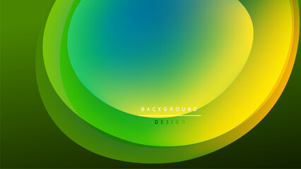 Abstract layers blend vibrant green, yellow, turquoise hues. Minimalist design features dark background, text elements. Smooth gradients create depth.