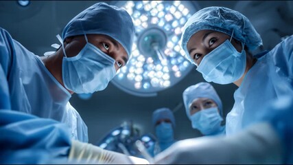 Low angle view from the patient's perspective of a professional surgical team during an operation