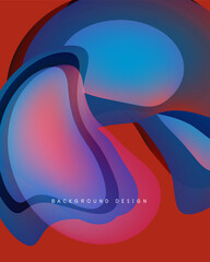 Abstract fluid shapes overlap, creating vibrant color gradients. Red, blue, purple hues dominate composition. Modern design element.