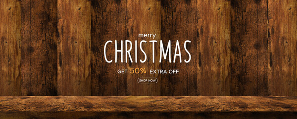 Merry Christmas on rustic wooden background with discount price tag. Christmas sale promotion....