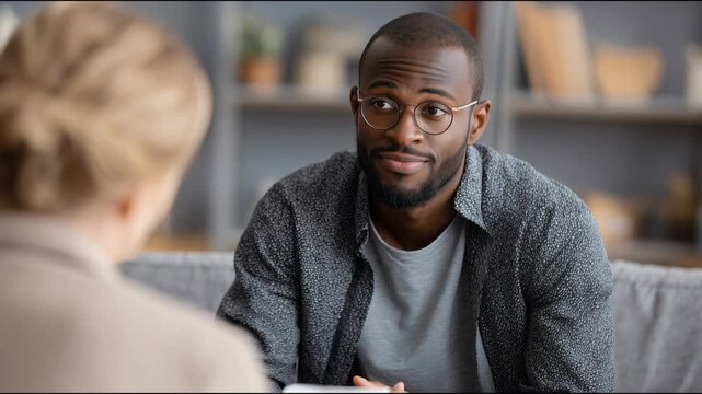 Happy young black man in glasses talking and gesturing during a meeting with a female psychologist - Powered by Adobe