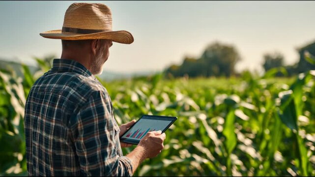 Senior farmer using a digital tablet for data analysis in a sunny green cornfield