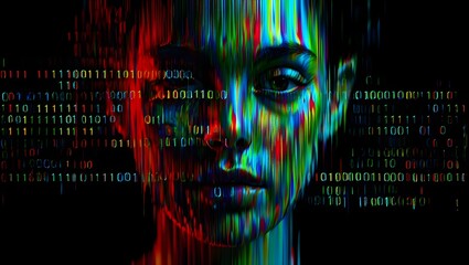 Artificial intelligence face with glitch data stream effect on human