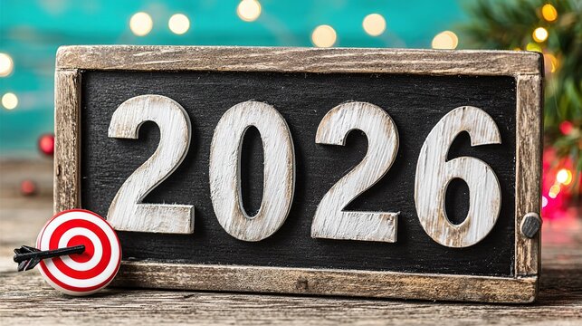 2026 goal-setting KV: wooden hexagons + archery target blue flat-lay, copy space for OKR&mdash;perfect for AGM LED, strategy launch, vision-board poster