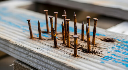 Rustic charm of old wooden board with protruding rusted nails, Weathered wood texture and the stark contrast of rusty nails create a compelling visual