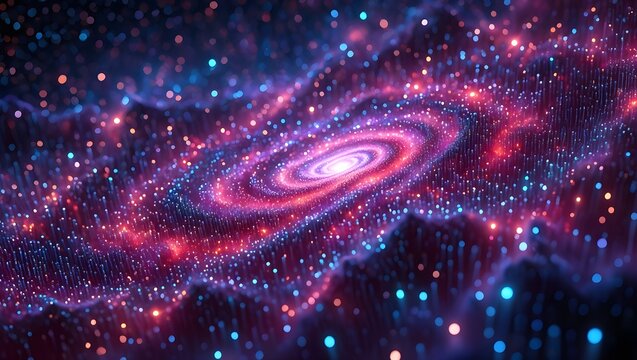 Abstract spiral galaxy of glowing particles light trails design