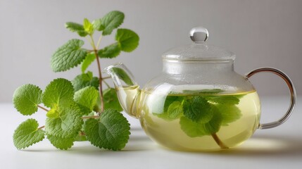 A glass teapot filled with soothing lemon balm tea sits gracefully on a surface. Fresh lemon balm leaves are nearby, enhancing the tranquil atmosphere of a peaceful tea moment