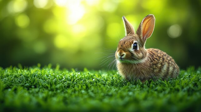 A cute rabbit sits attentively in a grassy field, with its ears raised and eyes focused, suggesting alertness and curiosity.