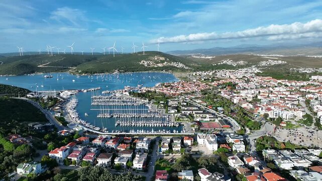 izmir sigacik drone shooting - 4k image of the aegean fishing town sığacık, teos marina and historical castle taken with drone