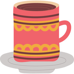 Pink Ceramic Coffee Mug with Yellow and Brown Geometric Pattern on a Gray Saucer Isolated on Transparent Background