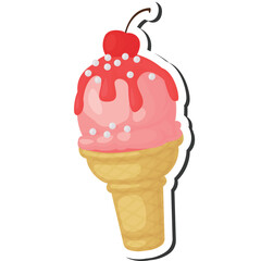 Pink Strawberry Ice Cream Cone With Red Cherry Topping and White Sprinkles On A Transparent Background