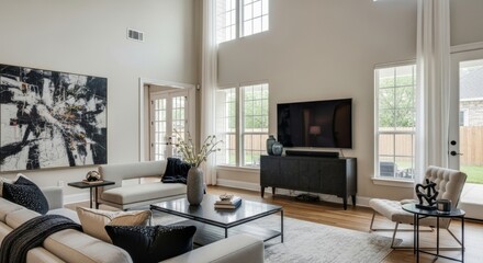 Fototapeta premium Modern living room interior features elegant design and details, a luxury home concept.