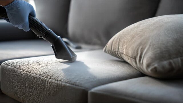 Close-up of a person in gloves professionally cleaning a couch with a steam vacuum cleaner