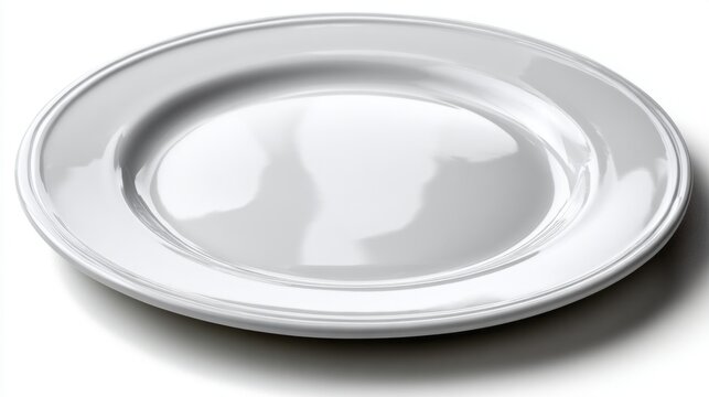 A white plate, smooth and glossy, sits perfectly still on a pure white surface. Its minimalist design adds tranquility and charm, ideal for a modern dining experience