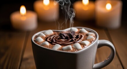 Steaming heartshaped mug of hot chocolate with marshmallows and candles