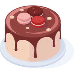 Round Chocolate Drip Cake with Pink and Red Macaron Topping on a White Plate with Blue Shadow
