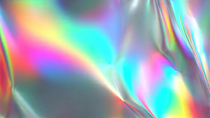 Obraz premium Abstract image of crumpled holographic foil. Iridescent surface shimmers with vibrant rainbow gradients, creating a futuristic, colorful, mesmerizing background.
