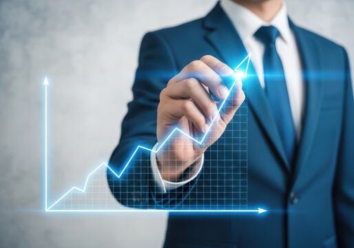 Business professional drawing a glowing upward trending line graph on a textured background representing growth and success
