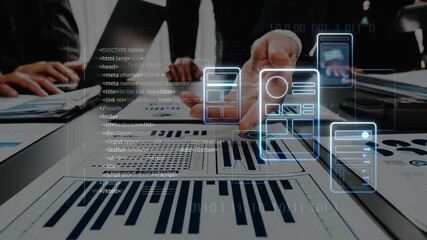 A business team collaborates on data analysis, utilizing technology and digital tools on tablets and screens to drive effective decision-making and enhance productivity. Raster - Powered by Adobe