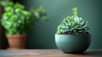 A vibrant succulent plant is displayed in a textured teal ceramic pot. The composition features a wooden surface and a softly blurred green background, creating a calming and natural aesthetic.