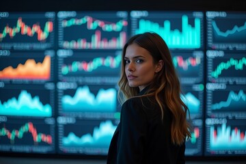 A determined woman analyzing financial data in front of a massive wall of screens