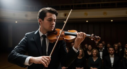 Fototapeta premium Young man playing violin during concert in symphony orchestra, with audience members in background. Classical music performance and art concept.
