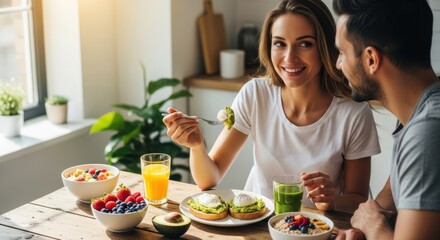 Woman and man eating healthy breakfast with avocado toast, fruit, and juice at a wooden table in a sunlit kitchen for a healthy lifestyle.