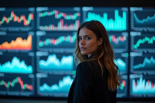 A determined woman analyzing financial data in front of a massive wall of screens