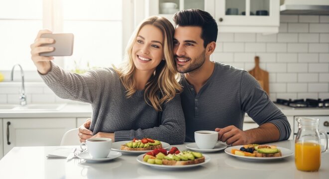Woman and man taking selfie with cell phone during healthy breakfast. Happy couple enjoying morning meal together. Lifestyle concept for relationship and social media.