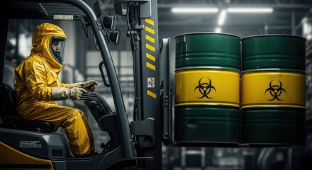 Worker in yellow hazmat suit operating a forklift carrying biohazard waste barrels. Industrial safety and hazardous material handling.