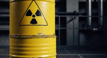 Yellow barrel with radiation symbol. Industrial waste container for hazardous material. Nuclear energy and toxic warning concept.