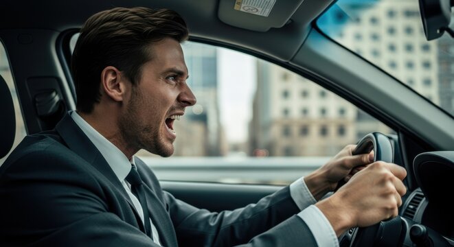 Caucasian man driving car and screaming in frustration. Road rage and stress concept for advertisement, editorial, or article.