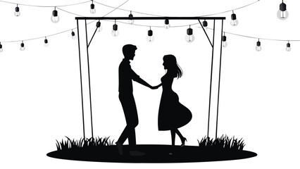 Romantic silhouette of a couple dancing joyfully beneath a string of warm glowing lights evoking a feeling of love and celebration in a vibrant vector design