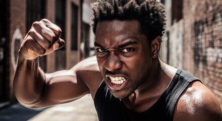 Angry man clenches fist with fierce expression. Power, determination, and intense emotion display for strength or challenge concept.