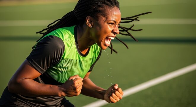 African American woman athlete with dreadlocks cheering and shouting, triumphantly celebrating victory during a sport competition.